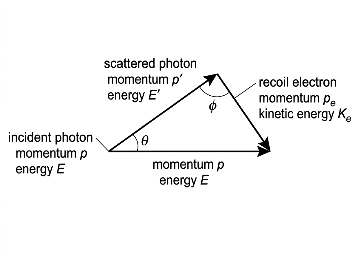 A vector diagram for Compton scattering showing an incident photon momentum vector, a scattered photon momentum vector at an angle, and a recoil electron momentum vector completing the momentum triangle; energies are labelled qualitatively.