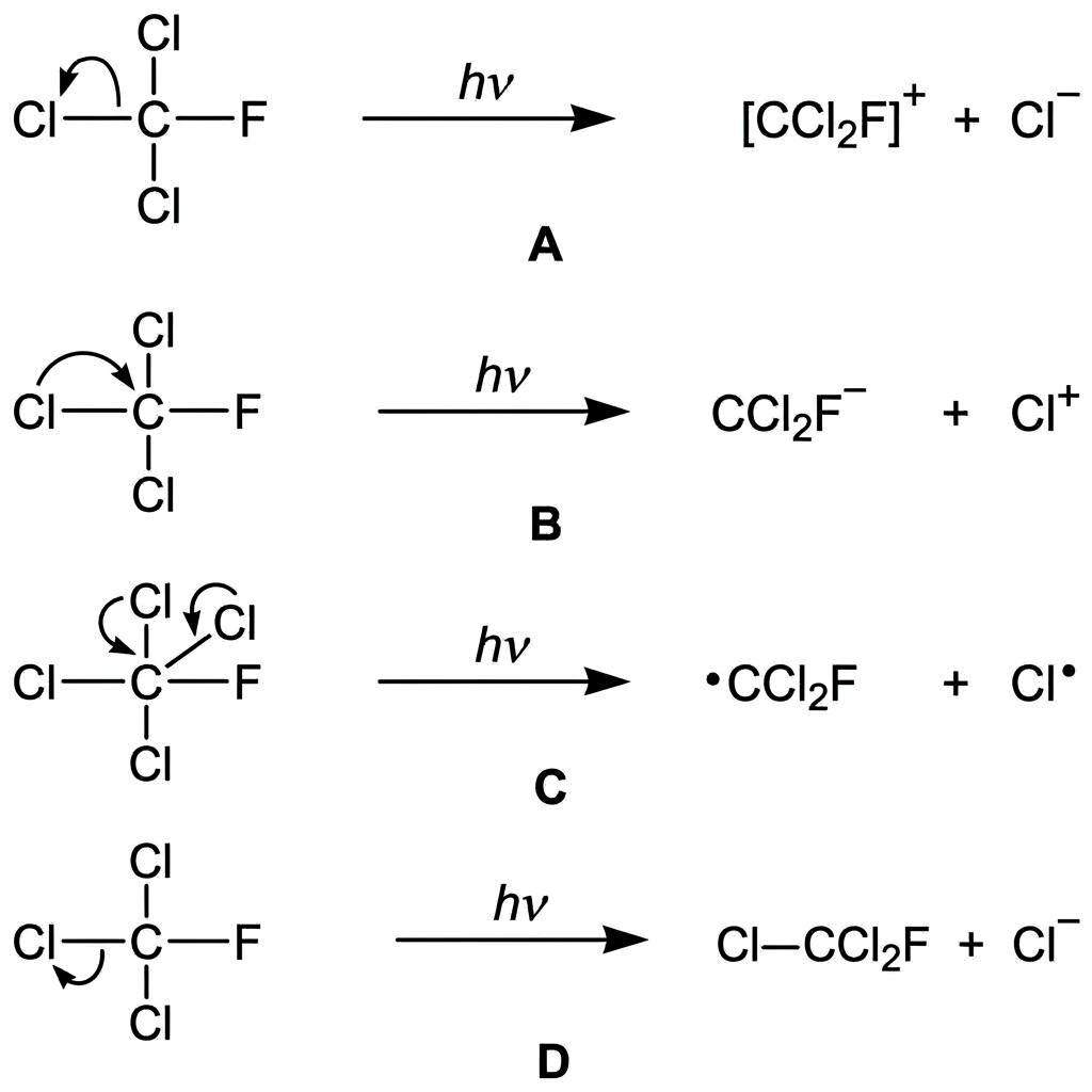 An annotated stimulus with four small mechanism diagrams labelled A to D for cleavage of a carbon-chlorine bond in a chlorofluorocarbon. The alternatives should differ in use of single-barbed fish-hook arrows versus double-barbed arrows, arrow tails starting at the bond or atom, and products shown as radicals or ions. One option should correctly show homolytic fission with two fish-hook arrows from the bond to the two atoms.