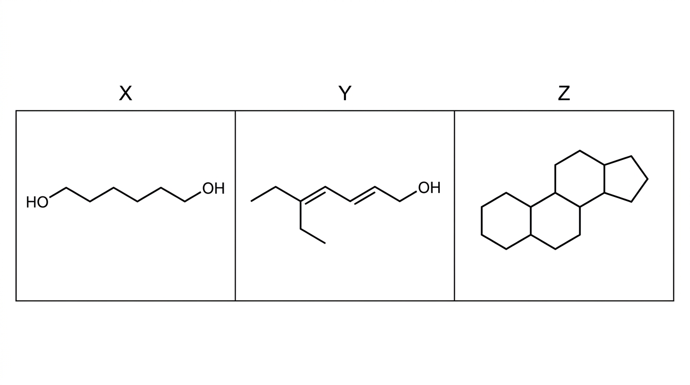 A three-panel molecular line diagram labelled X, Y and Z. X is a simple unbranched carbon chain with single bonds and terminal functional groups. Y is a carbon chain with a side branch and both single and double bonds indicated. Z is a compact molecule containing four fused carbon rings. The diagram should show only structural features needed to compare carbon skeletons and bond types, without naming the molecules.