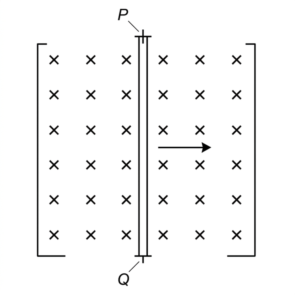 A vertical conducting rod shown in a rectangular region filled with cross symbols representing a uniform magnetic field into the page. An arrow attached to the rod points horizontally to the right. The top end of the rod is labelled P and the bottom end is labelled Q.