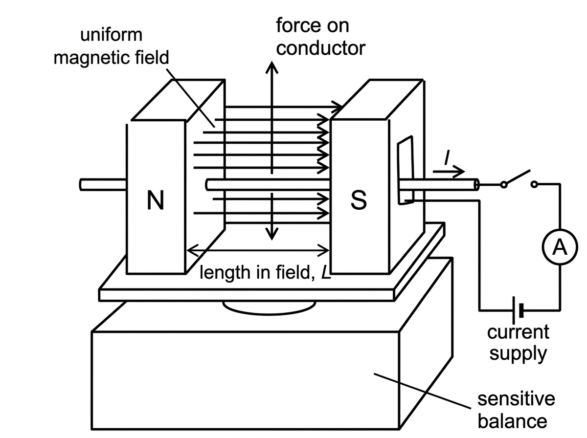A current-carrying straight conductor positioned between pole pieces of a magnet on a sensitive balance, with current supply, ammeter, length in field labelled, and force direction indicated generically.