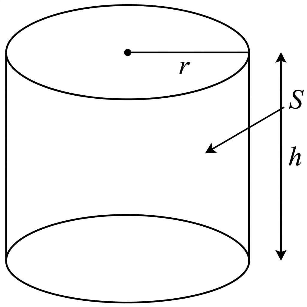 A labelled closed cylinder with radius $r$, height $h$, and total surface area $S$, indicating that both circular ends are included.