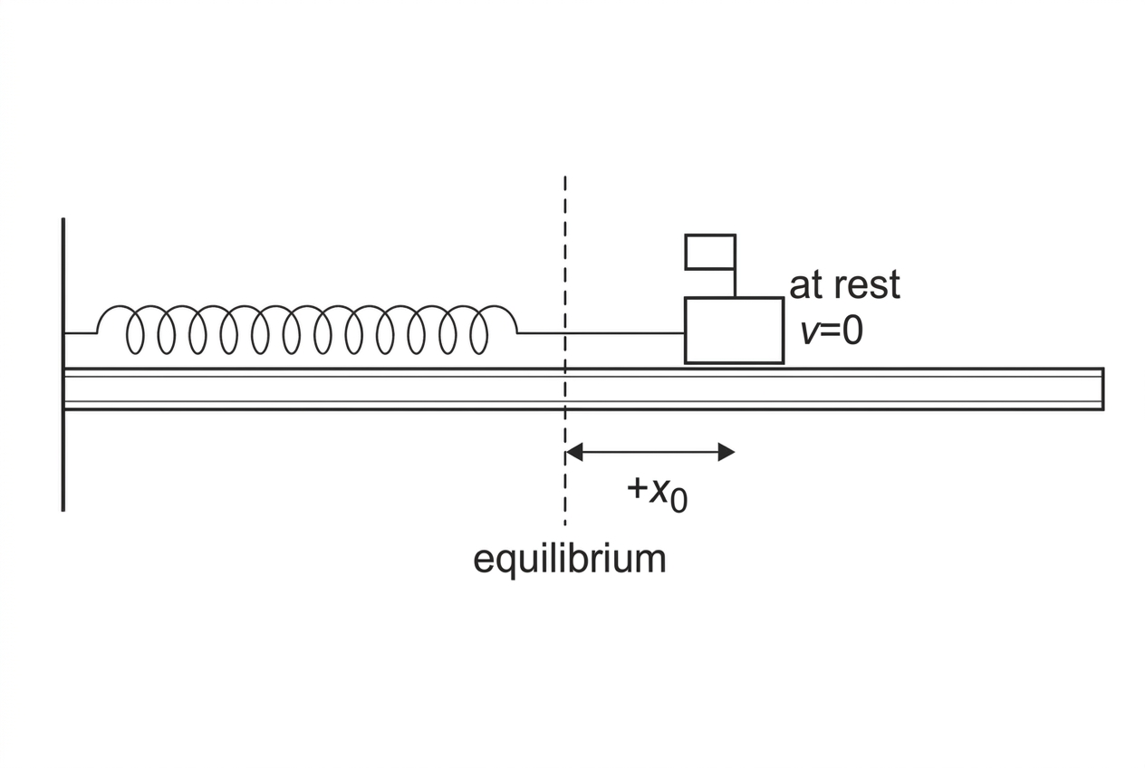 A glider on a horizontal air track attached to a spring fixed at one end. The equilibrium position is marked by a dashed vertical line, and the release position is shown to the right at displacement $+x_0$. The glider is shown at rest at the release position. No formulae are written on the diagram.
