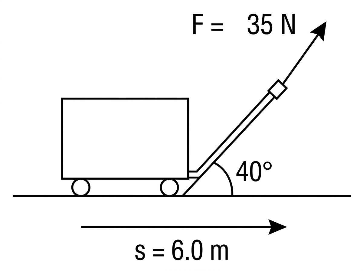 Side-view diagram of a suitcase moving horizontally, with a pulling force arrow inclined above the horizontal; labels for force, displacement and angle.