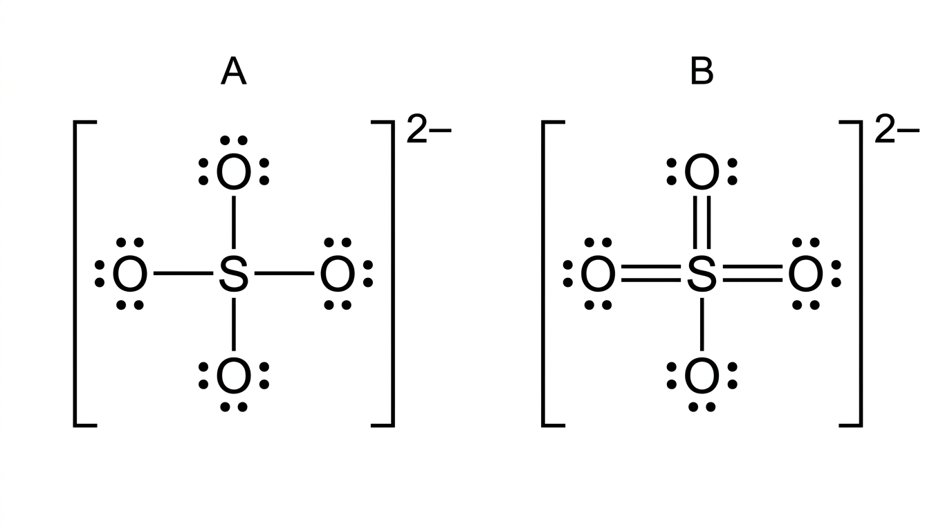Two Lewis-style representations of the sulfate ion labelled A and B. In both, sulfur is central with four oxygen atoms arranged tetrahedrally around it. Representation A shows four single $S-O$ bonds. Representation B shows three $S=O$ double bonds and one $S-O$ single bond. Lone pairs are shown on oxygen atoms, but formal charge labels are absent.