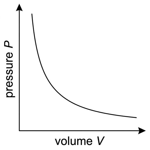 A simple Cartesian graph with vertical axis labelled pressure P and horizontal axis labelled volume V. The plotted curve is a smooth decreasing hyperbola, steep at small V and flattening at larger V, staying above both axes. No numerical scale is shown.