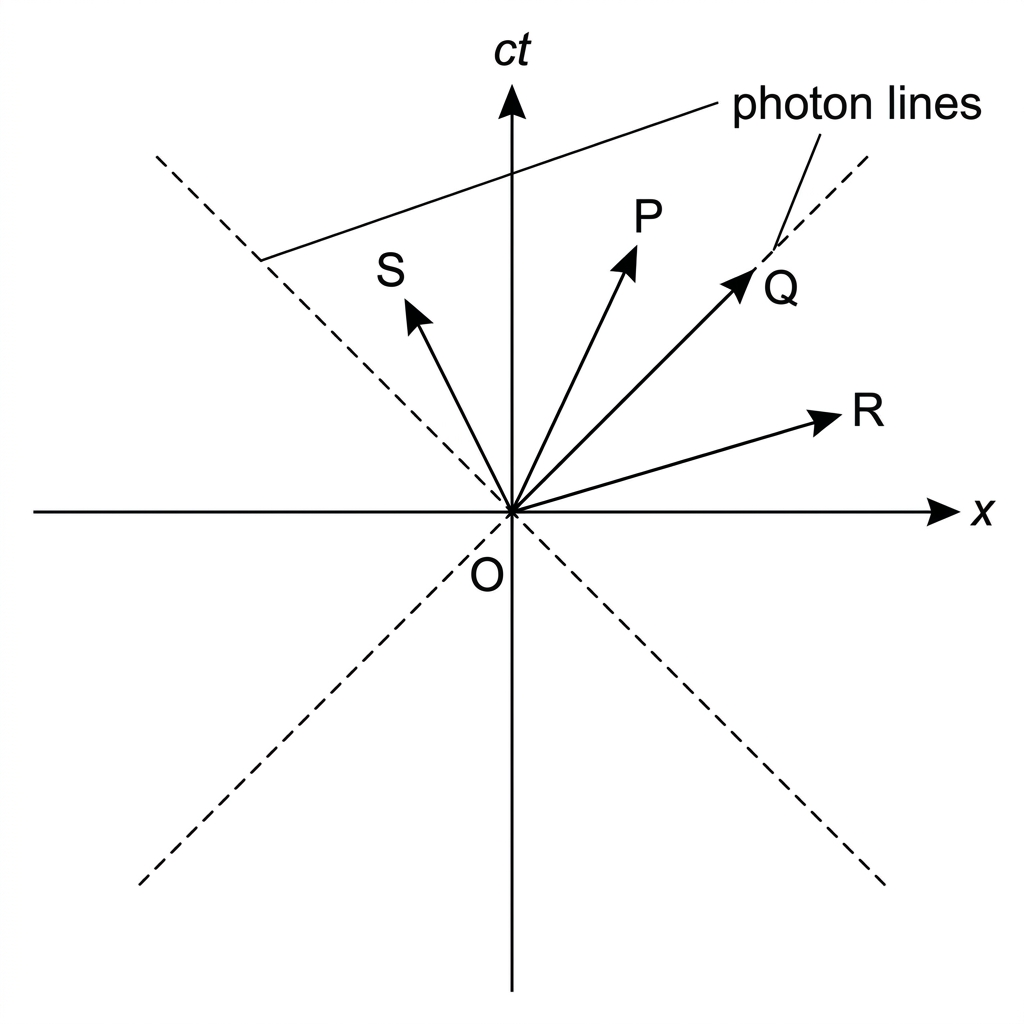 Spacetime diagram with x horizontal and ct vertical, photon lines at 45°, and several labelled event pairs shown by displacement arrows from a common origin; one arrow lies inside the light cone, one on it and one outside it.