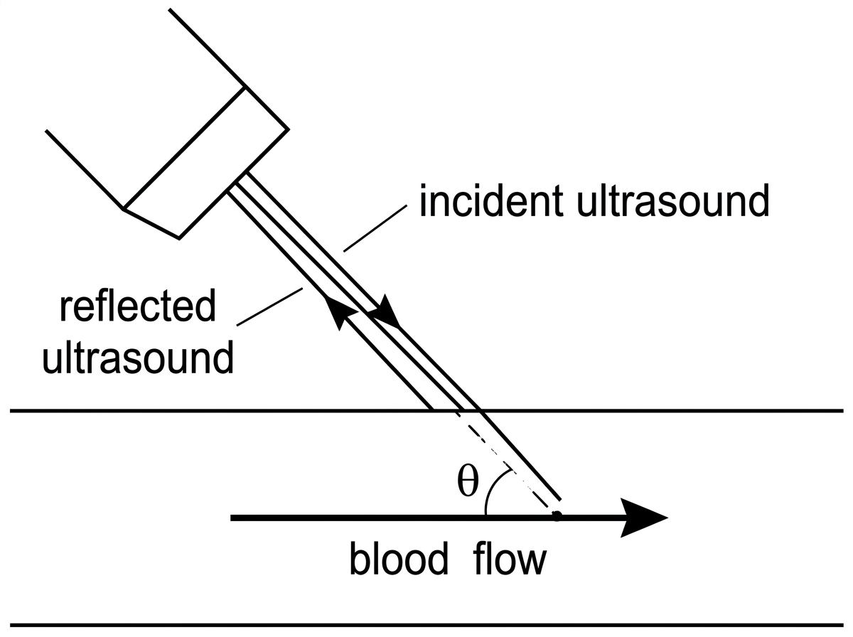 A medical ultrasound probe directed at a blood vessel with beam angle theta to blood flow; reflected wave shown returning to the probe.