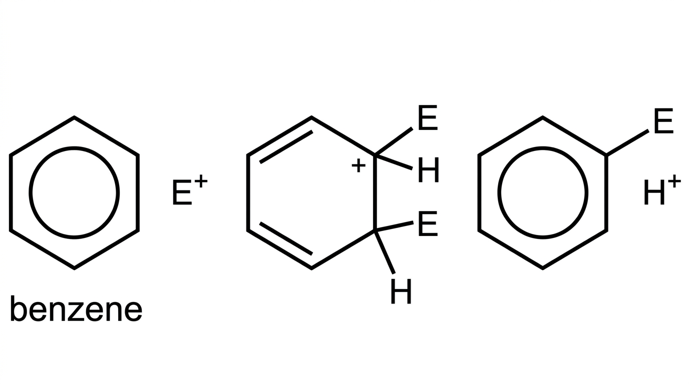 An incomplete two-step mechanism for benzene reacting with $E^+$. The first panel shows benzene and $E^+$ before reaction. The second panel shows a carbocation intermediate with a C-E bond, one hydrogen still bonded to the substituted carbon, an incomplete delocalized ring and a positive charge on the ring. The final panel shows substituted benzene and a proton. Some curly arrows are omitted for students to interpret.