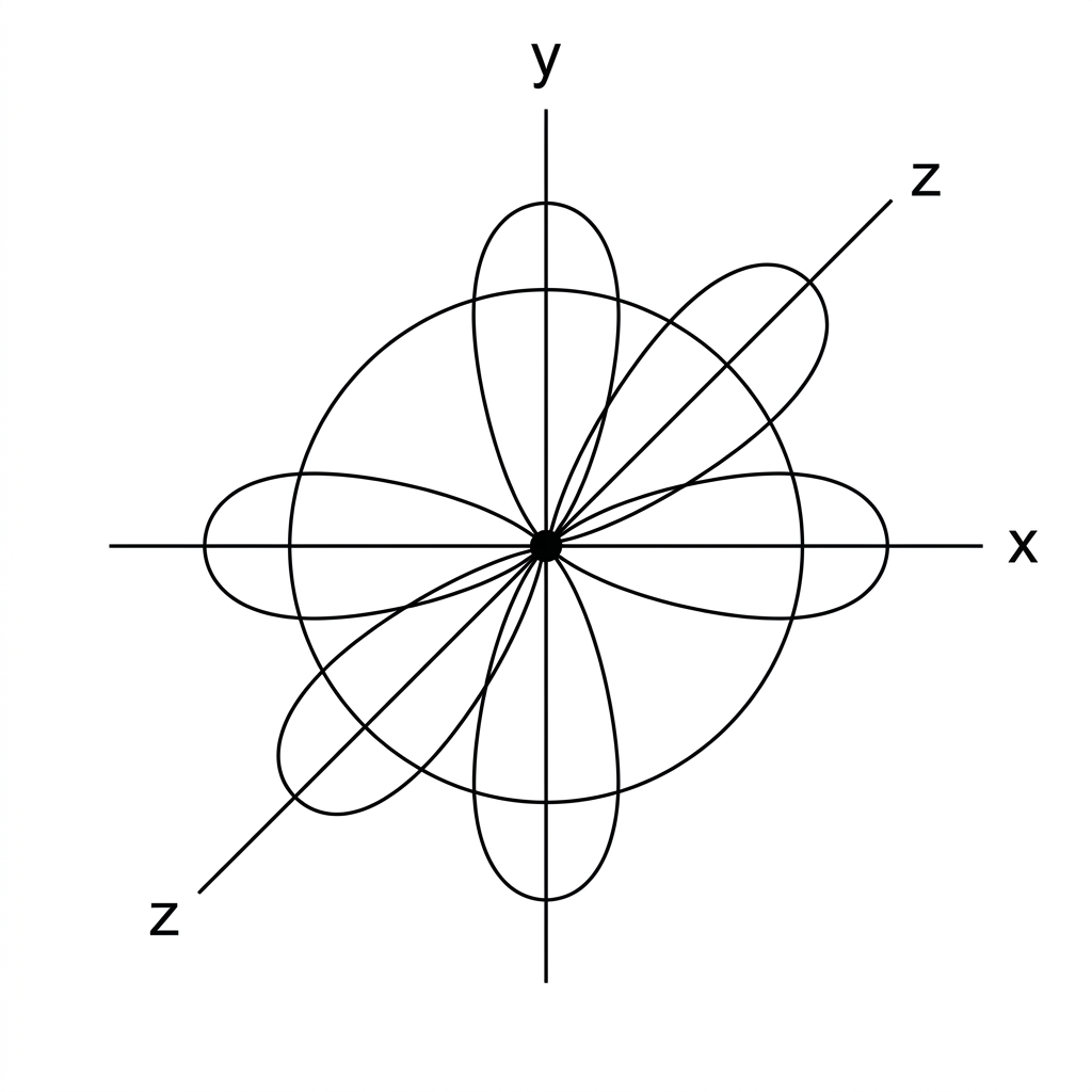Four orbital boundary surfaces on axes: one spherical orbital centred on a nucleus and three dumbbell-shaped p orbitals oriented along mutually perpendicular axes. The p orbitals should be labelled only by orientation markers x, y and z, not by sublevel names.
