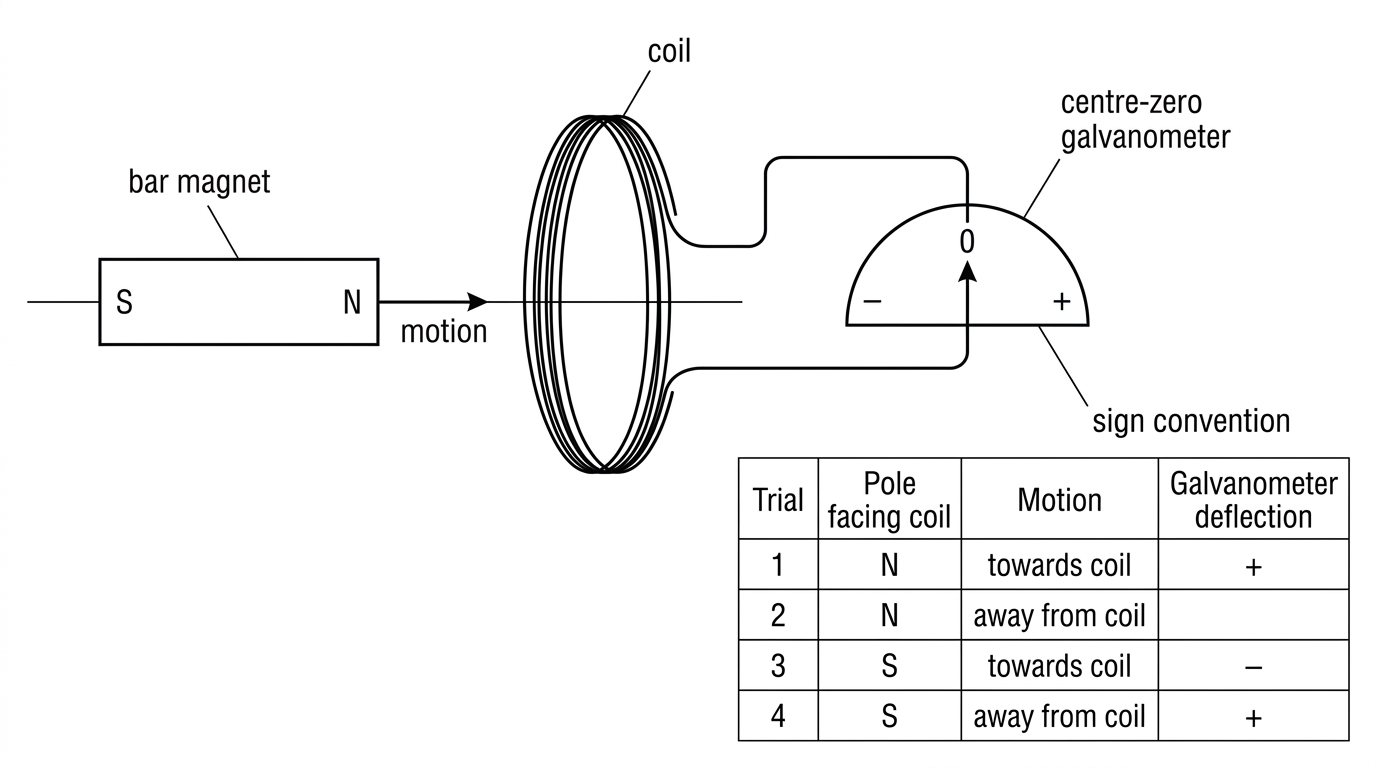 Annotated apparatus diagram showing a coil connected to a centre-zero galvanometer and a bar magnet moving along the coil axis. A small results table lists several trials for north and south poles moving towards or away from the coil, with galvanometer deflection signs, leaving one trial for inference. The sign convention for deflection is shown.