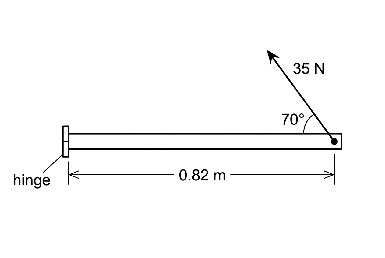 Top-view diagram of a rectangular door hinged at one side, showing the point of application of a force at the far edge, the distance from hinge to force, and the angle between the door surface and the force.