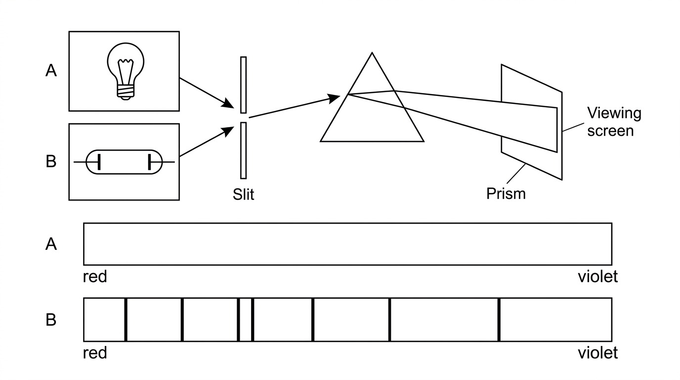 Two labelled spectra from a spectroscope. Spectrum A is a smooth continuous band across the visible region from red to violet. Spectrum B is bright coloured lines on a dark background. The apparatus should show a light source, slit and prism or diffraction grating, and the top-left source box should show a single clear label: Hot filament lamp.