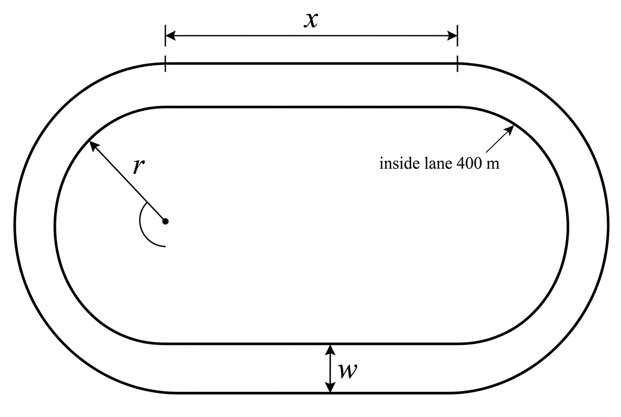 A stadium-shaped running track with two straight sections and two semicircular ends. The inner track has straight length x and end radius r. A parallel outer lane at distance w from the inner lane is shown.