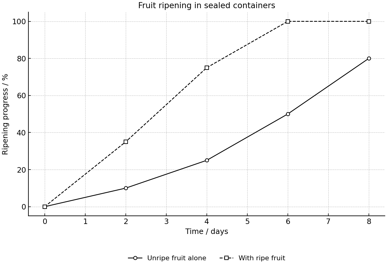 Ripening progress of unripe fruit in sealed containers over time.