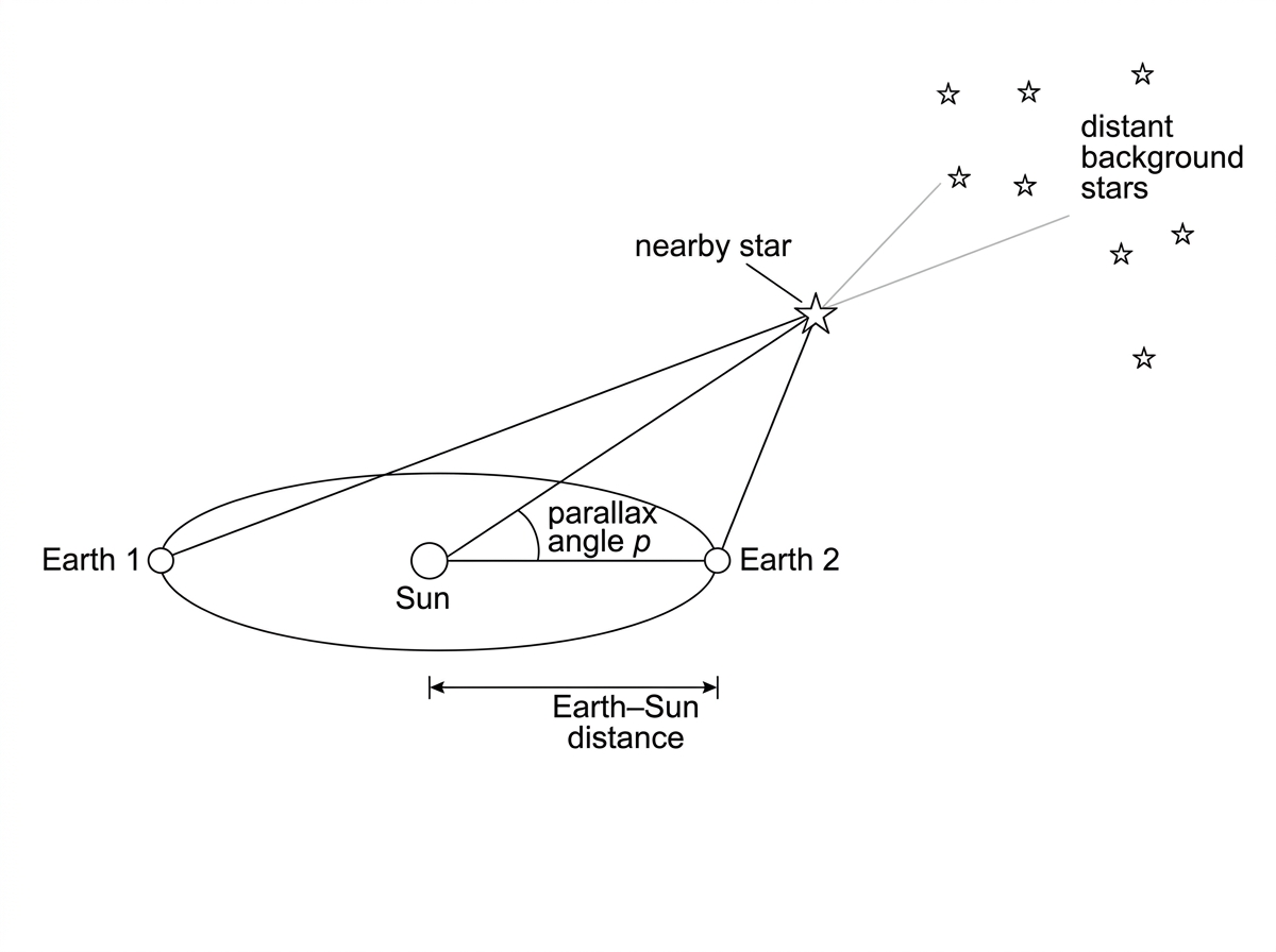 Parallax geometry showing Earth at two opposite points in its orbit, a nearby star, distant background stars, and the parallax angle defined using the Earth-Sun distance.