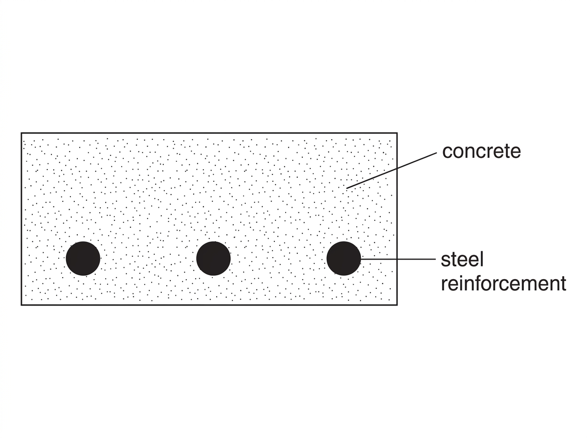 Cross-section diagram of reinforced concrete showing an outer concrete matrix and embedded steel bars. Labels should identify concrete and steel reinforcement only; no explanatory notes about bonding or properties are included.