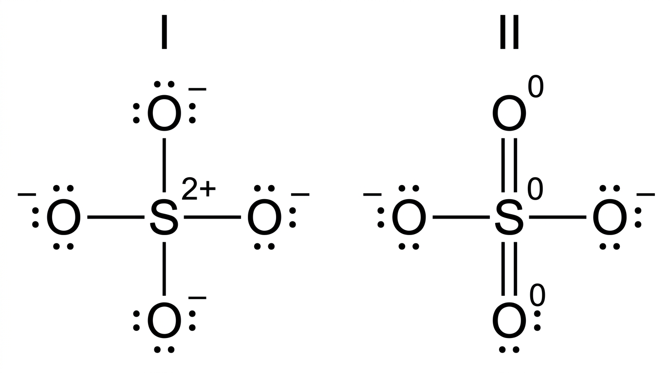 Two alternative Lewis-style diagrams for SO4^2− with formal charges indicated on sulfur and oxygen atoms; diagrams are labelled I and II but neither is explicitly marked as preferred.