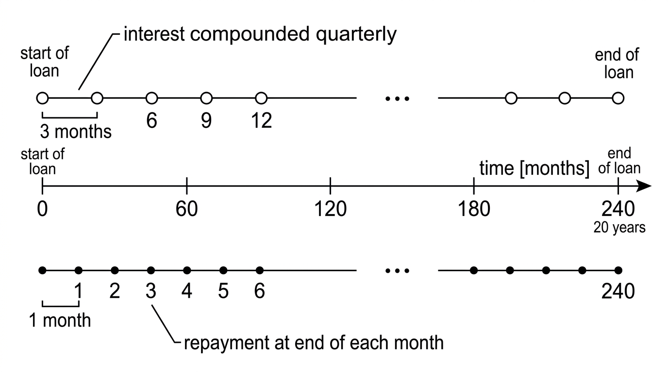 A timeline contrasting quarterly compounding dates with monthly end-of-period repayment dates over the loan term. The timeline is schematic and not to scale.