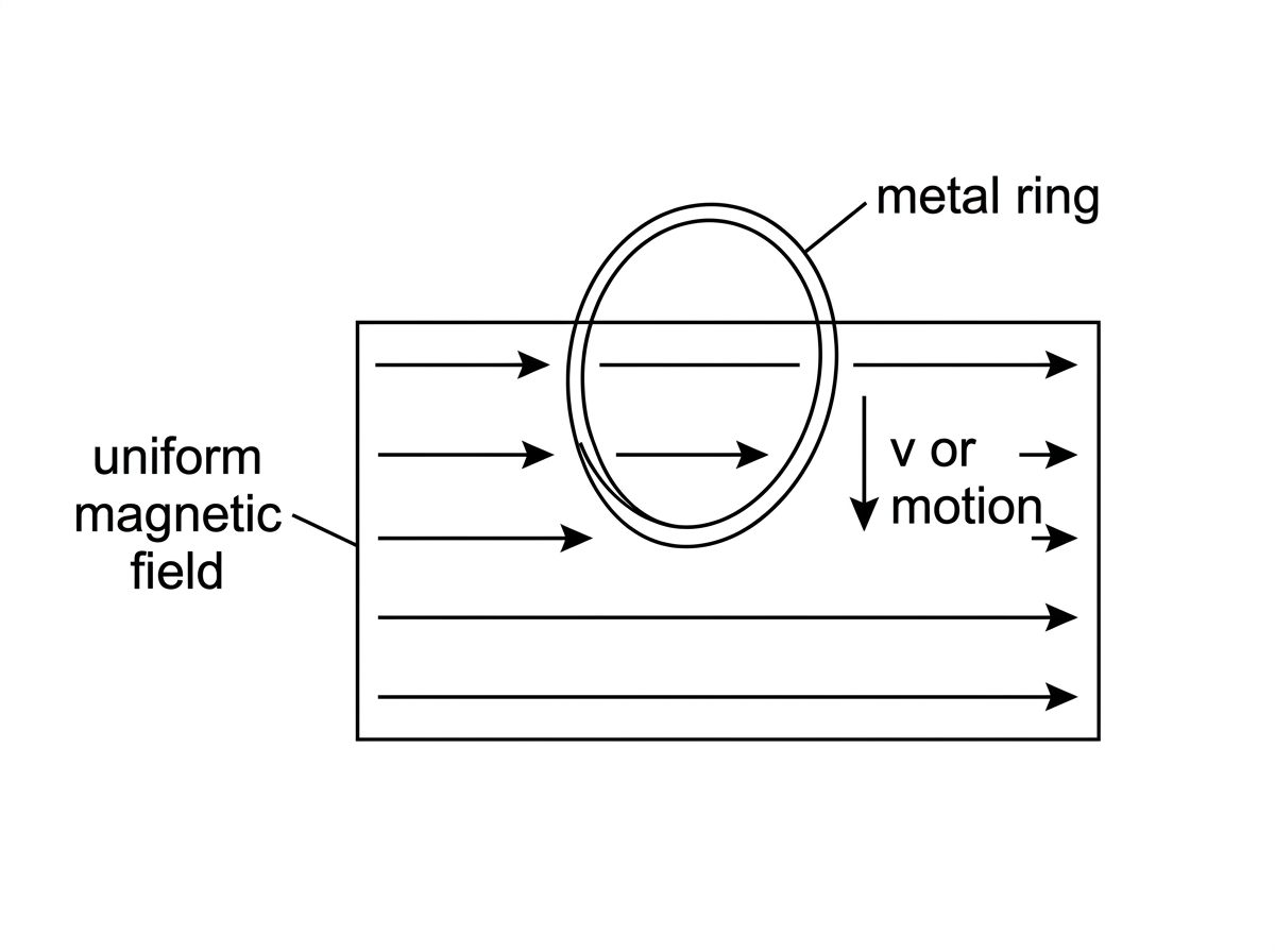 Diagram of a circular metal ring falling downward into a rectangular region of uniform horizontal magnetic field, with boundaries of the field region indicated.