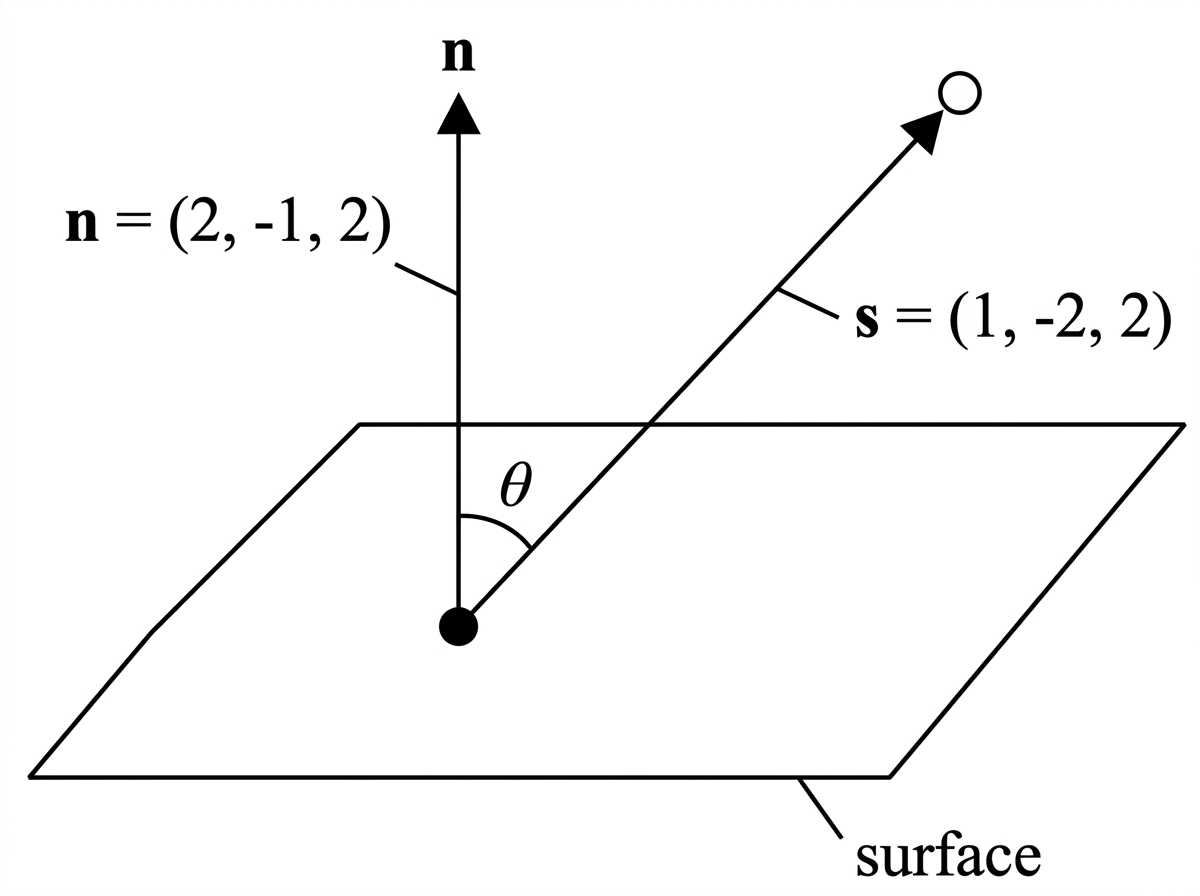 A computer-graphics style diagram showing a flat surface, its normal vector n, the direction s toward a light source, and the angle between the two vectors.