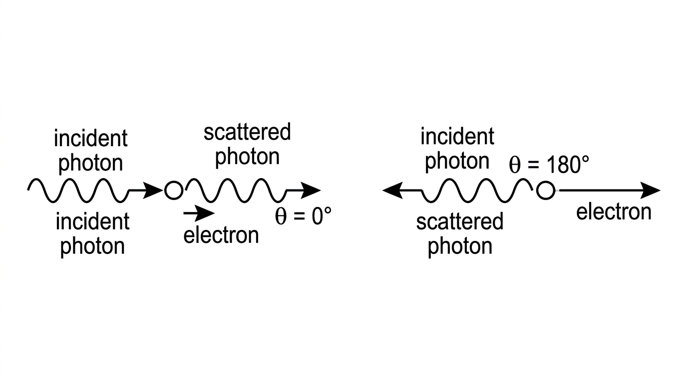 Two Compton scattering sketches: photon continuing forward at 0° and photon backscattered at 180°, with recoil electron directions shown qualitatively.