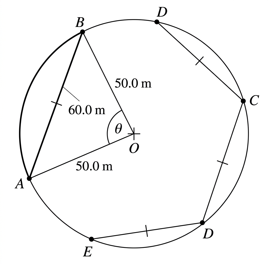 A circular festival route with centre O and several checkpoints on its circumference. Each displayed checkpoint has a unique label, for example A, B, C, D and E in order around the route. Straight chords join every pair of consecutive displayed checkpoints, all such chords are equal, and one chord with its corresponding minor arc and central angle is highlighted.