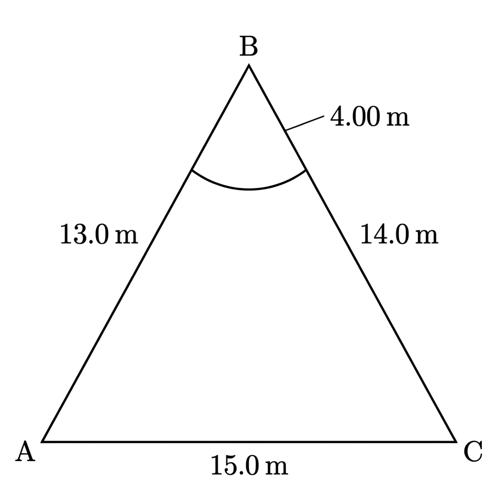 A scalene triangle ABC with side lengths 13 m, 14 m and 15 m, showing a sector of radius 4 m at the vertex opposite the 15 m side.