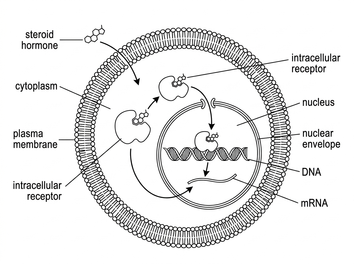 A diagram showing a steroid hormone diffusing through a phospholipid bilayer, binding an intracellular receptor in the cytoplasm, the activated receptor-hormone complex entering or acting in the nucleus, binding to a specific DNA sequence and promoting transcription. Labels should include steroid hormone, plasma membrane, intracellular receptor, nucleus, DNA and mRNA, but not specify which genes are activated.