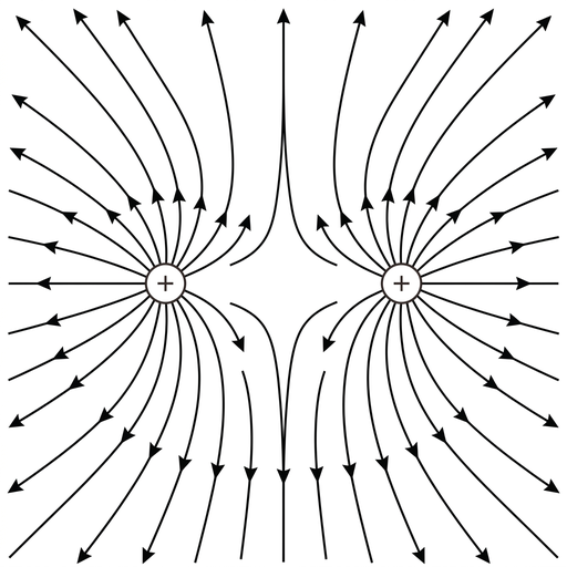 A clean black-and-white field-line diagram with two identical positive point charges separated horizontally. Field lines radiate outward from each charge. Lines between the charges curve away from the midpoint so that no line connects one charge to the other. The pattern is symmetric about the horizontal and vertical midlines, with a small neutral-looking gap at the midpoint. Arrows point away from both charges. Lines never cross.