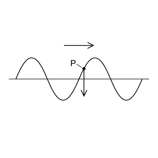 A sinusoidal transverse wave on a horizontal string travelling to the right, indicated by an arrow above the wave. Point P is marked on a section of the wave where displacement increases with distance to the right. A vertical arrow at P points downward. Use the same style, scale and labelling as the other options.