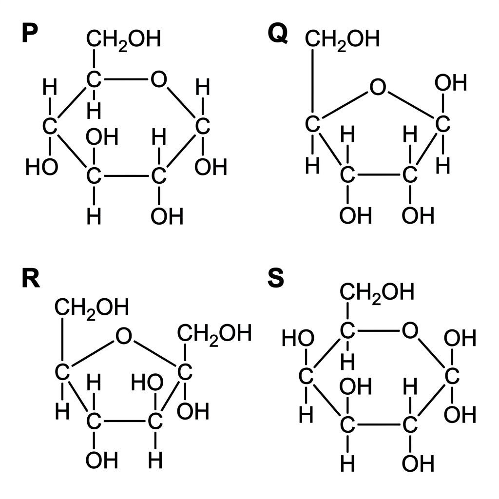 Four simple ring-form monosaccharide diagrams labelled P, Q, R and S, including at least two hexoses and one pentose; atoms or carbon positions must be visible so carbon atoms can be counted, but molecule names are not given.