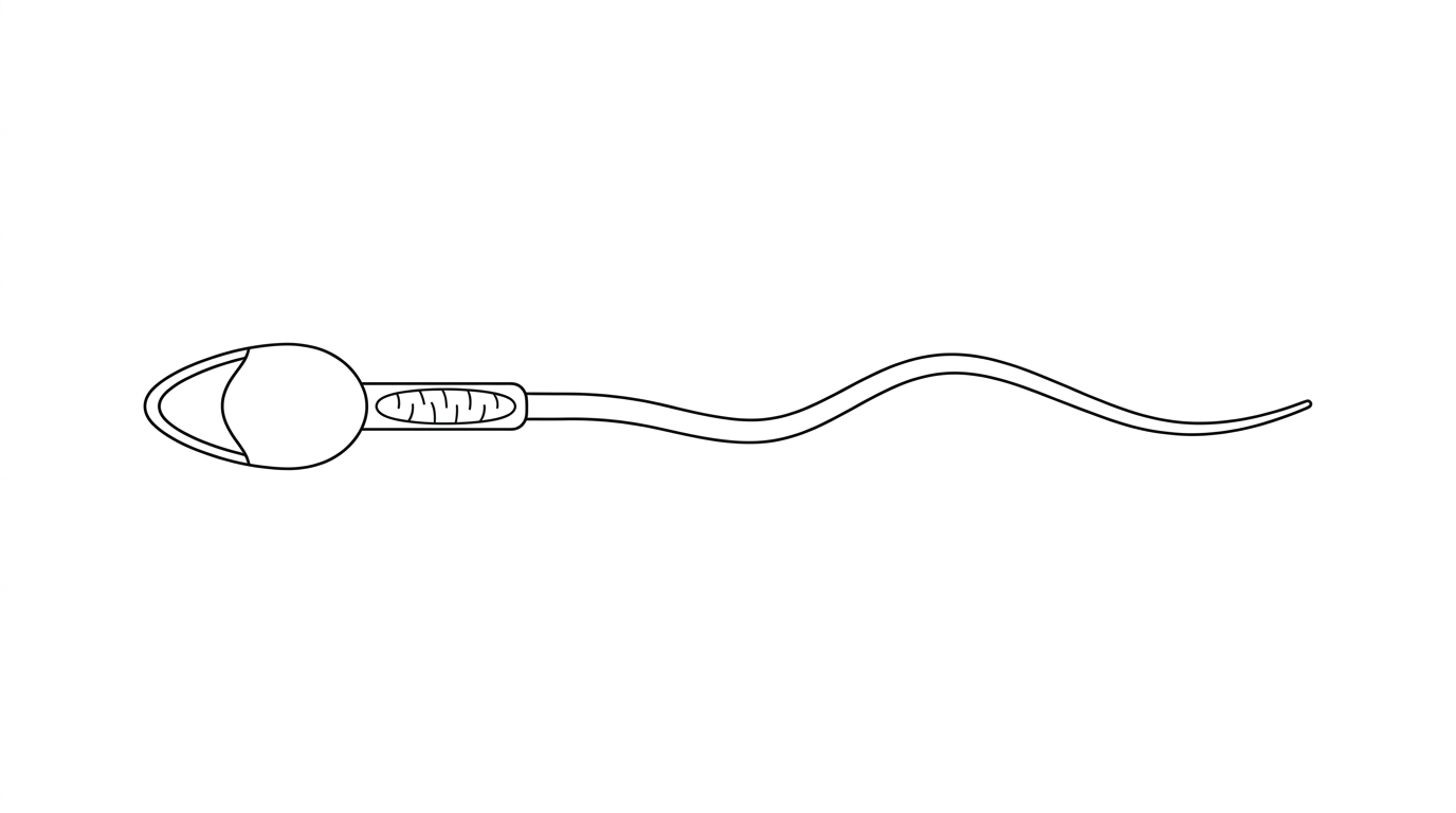Label-free drawing of a human sperm cell showing head, midpiece and flagellum; acrosome region is visible but not labelled.