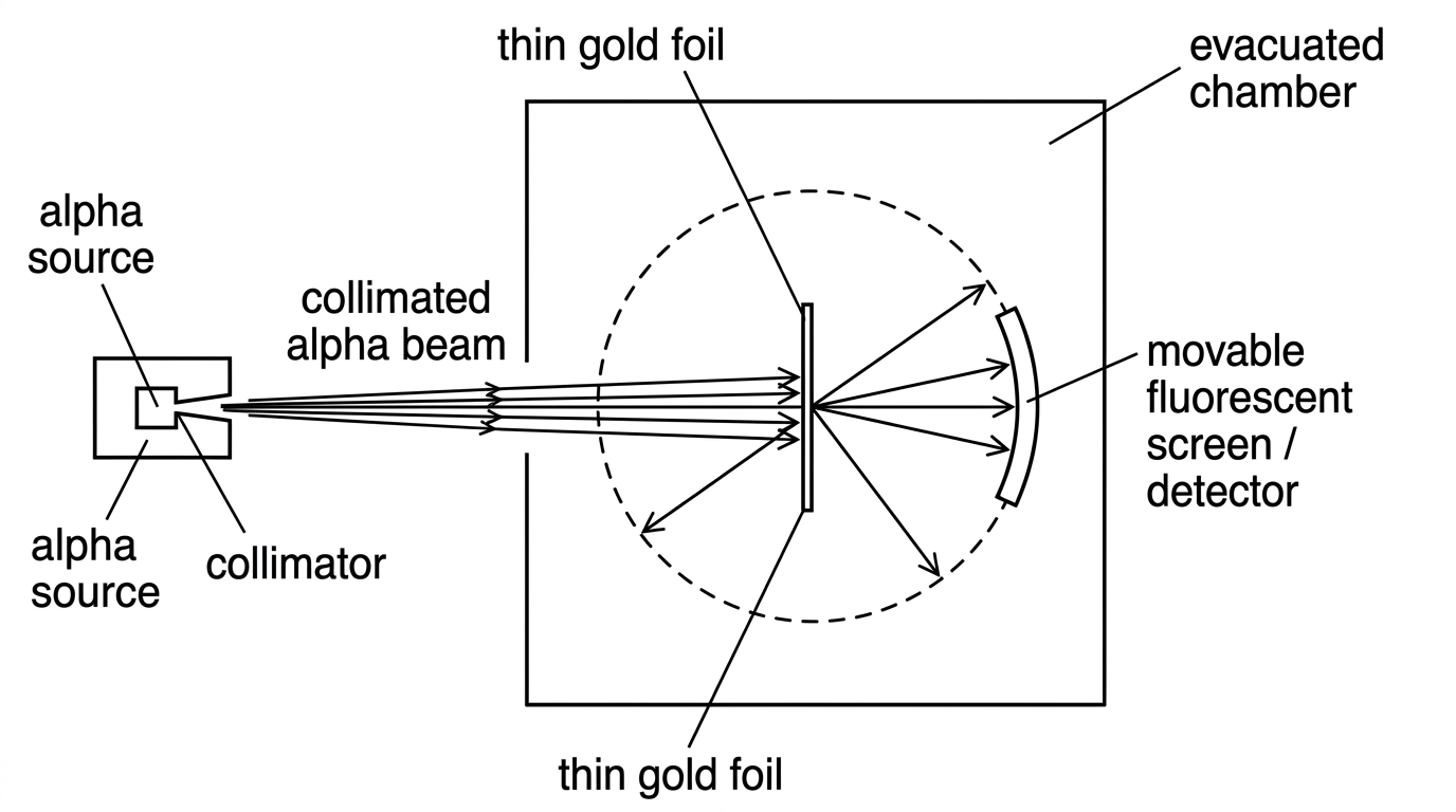 Apparatus diagram showing alpha source, collimated alpha beam, thin gold foil, evacuated chamber, movable fluorescent screen/detector, and representative alpha paths.