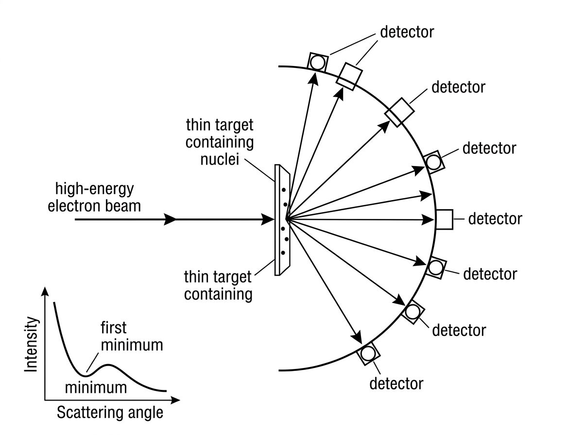 A scattering experiment diagram showing a beam of particles incident on a thin target containing nuclei. Detectors are arranged at different scattering angles around the target. A small inset graph shows intensity against scattering angle with a clear first minimum labelled, but no numerical angle or wavelength values are displayed.