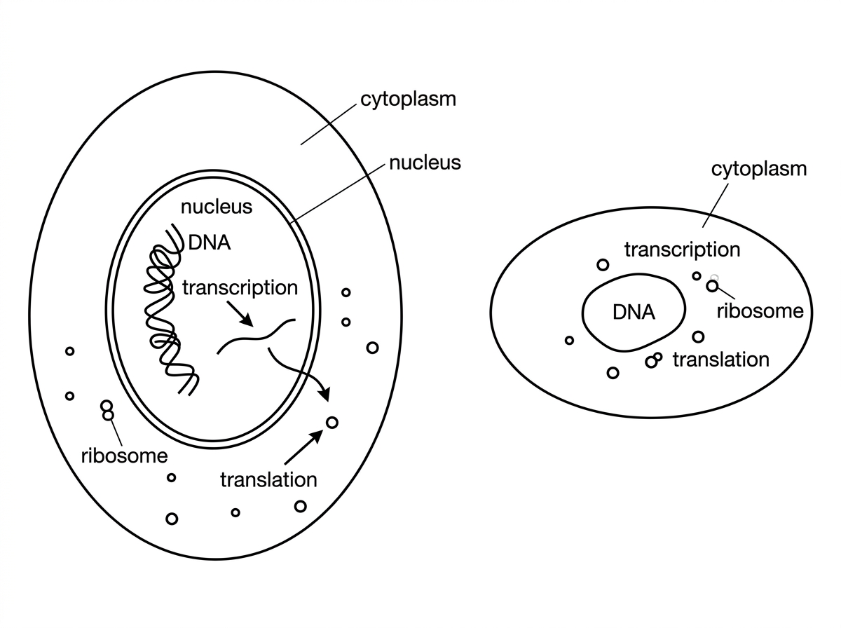 A two-panel schematic comparing a eukaryotic cell with a nucleus and cytoplasmic ribosomes, and a prokaryotic cell with DNA and ribosomes in the same cytoplasmic compartment. Arrows should indicate transcription in relation to DNA and translation at ribosomes, without showing mRNA-processing details as labels.