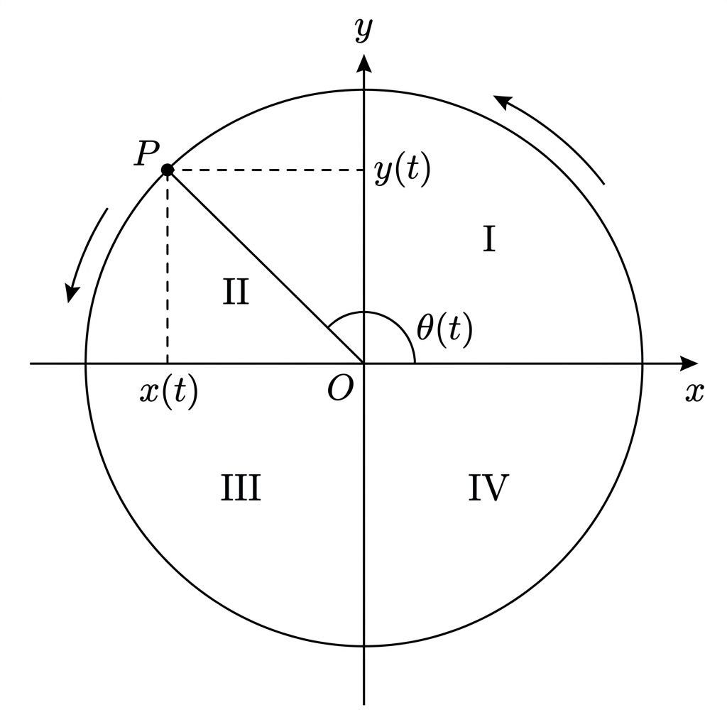 A unit circle with a moving point, its angular position measured anticlockwise from the positive horizontal axis, and horizontal and vertical coordinate projections. The quadrants are labelled.