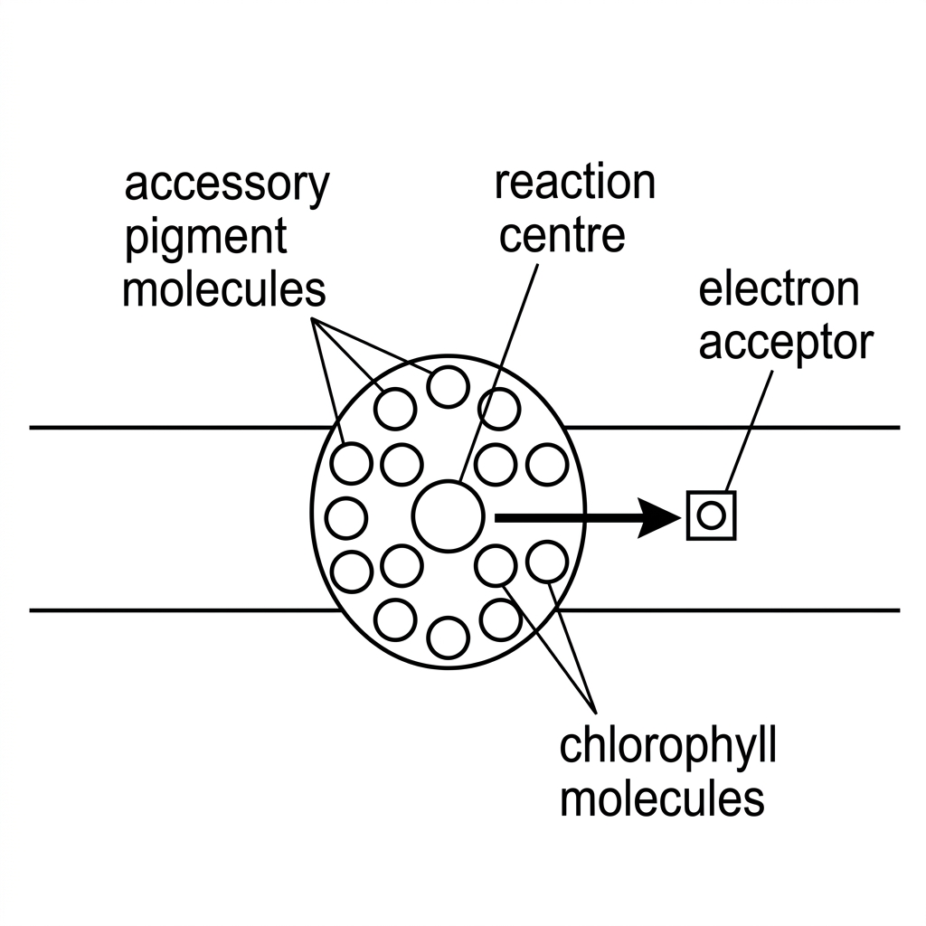 A labelled schematic of a photosystem in a membrane showing a molecular array of chlorophyll and accessory pigment molecules surrounding a reaction centre, with an electron acceptor positioned to receive an excited electron. The diagram should not include explanatory text beyond labels.