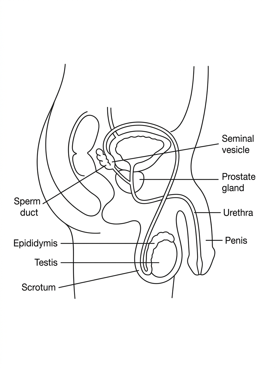 Simplified sagittal diagram of the male reproductive system with label lines to the scrotum, testis, epididymis, sperm duct, seminal vesicle, prostate gland, urethra and penis.