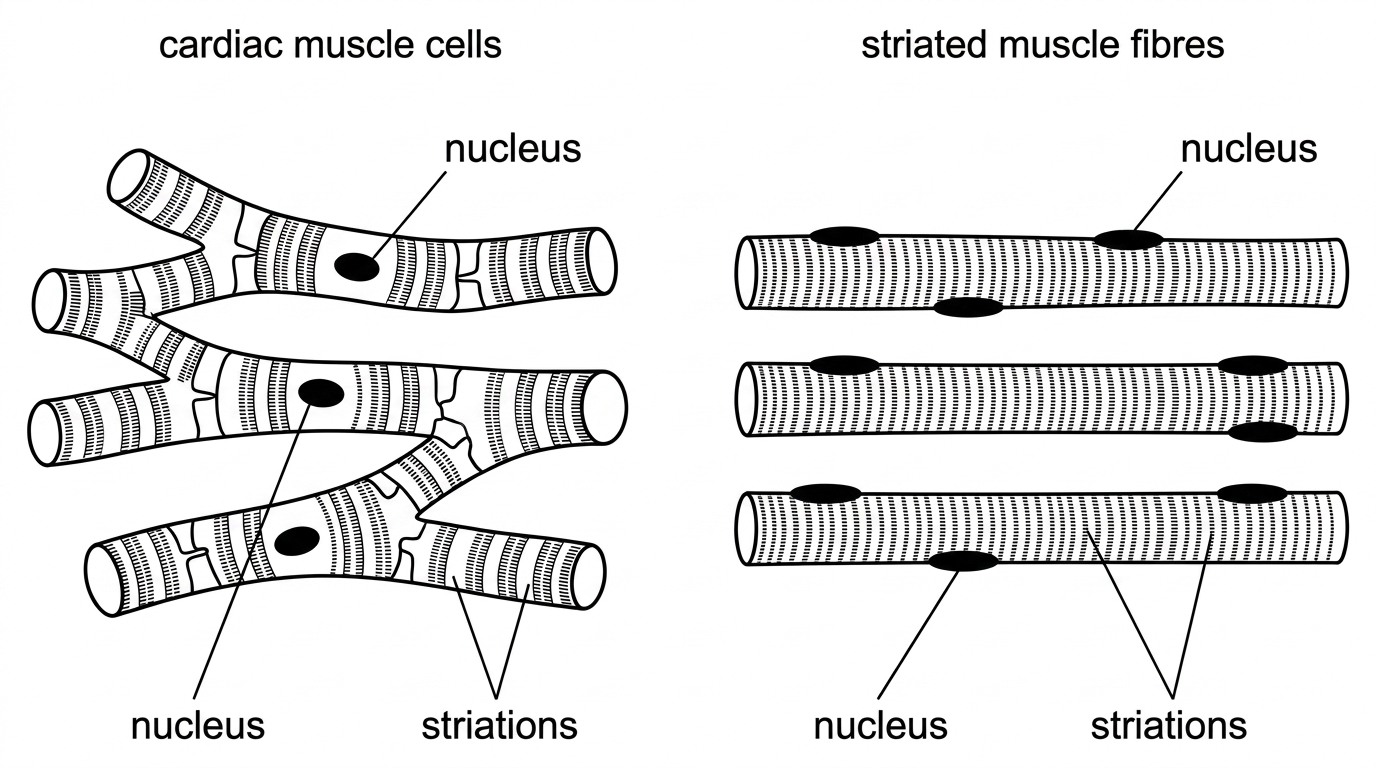 Two microscope-style diagrams shown side by side: cardiac muscle cells that are short, branched and connected end-to-end, usually with one central nucleus; and skeletal striated muscle fibres that are long, unbranched, parallel and multinucleate. Striations should be visible in both.