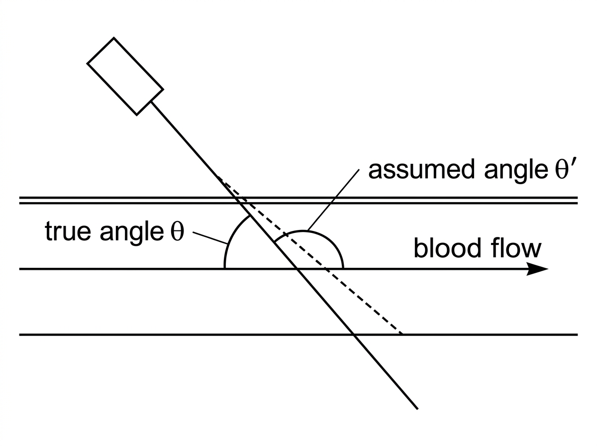 Ultrasound beam crossing a blood vessel with true angle and a smaller incorrectly assumed angle labelled; direction of blood flow indicated.