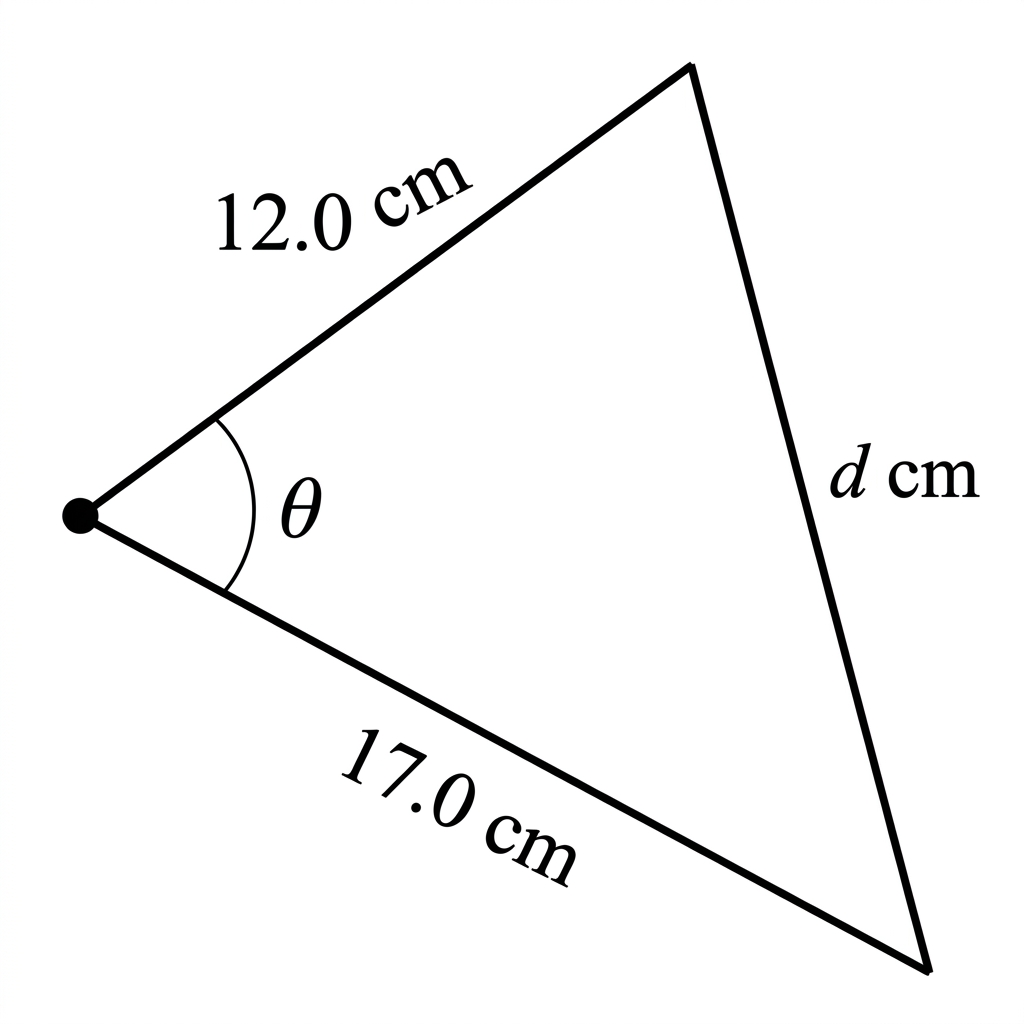 A two-arm mechanical linkage forming a triangle. The arms of fixed lengths share a pivot, the included angle is theta, and the distance d joins the two free endpoints.