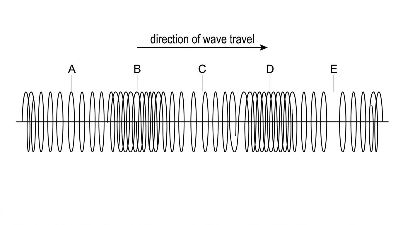 A spring or slinky showing alternating compressed and spread-out regions, with several labelled regions and an arrow showing direction of wave travel. Labels should not reveal which regions are compressions or rarefactions.