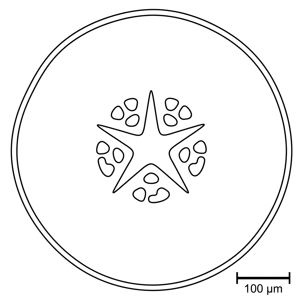 A light micrograph-style transverse section of a young dicot root. The outer epidermis forms a boundary around a broad cortex. The vascular tissue is central, with a star-shaped xylem region and phloem tissue positioned between the arms of the xylem. The image is unlabelled and includes a scale bar but no tissue names.