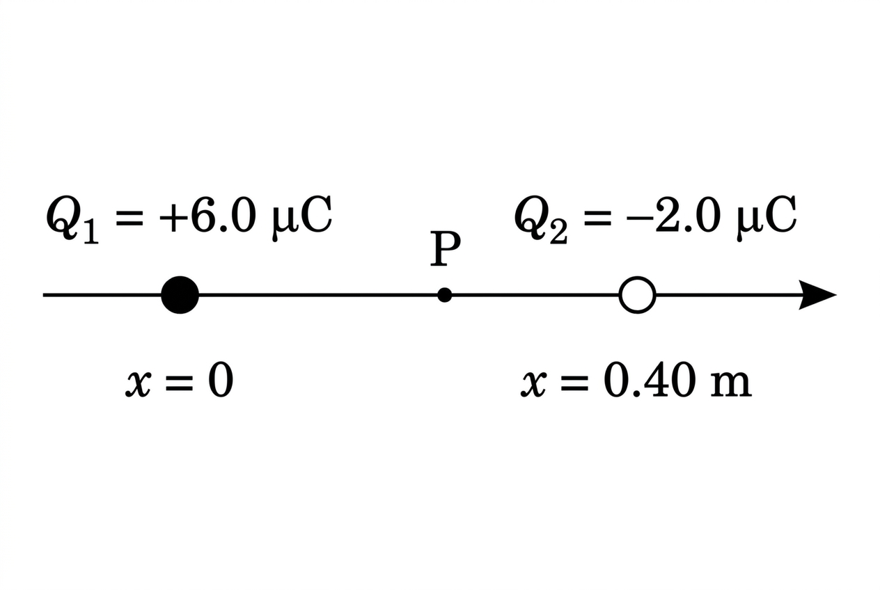 A horizontal x-axis line with $Q_1=+6.0\ \mu\text{C}$ at the left labelled $x=0$, $Q_2=-2.0\ \mu\text{C}$ to the right labelled $x=0.40\ \text{m}$, and a movable point P between them. No field or potential arrows are drawn.
