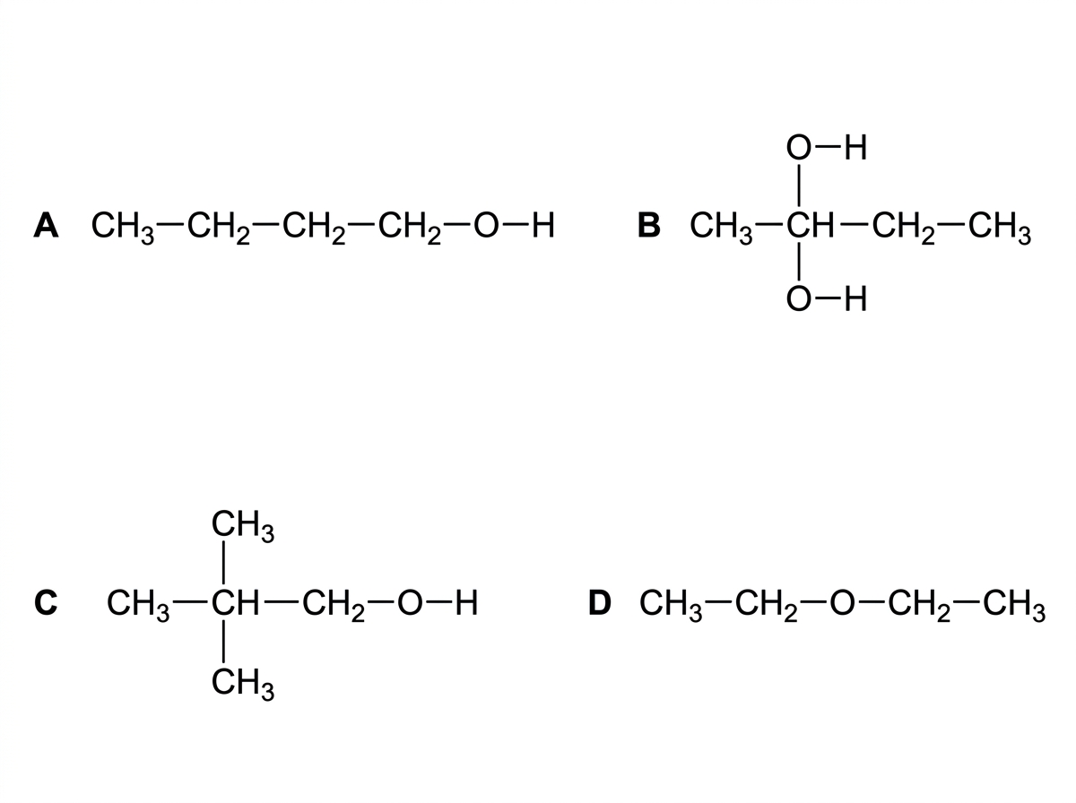 Four labelled structural formulas with molecular formula C4H10O, including butan-1-ol, butan-2-ol, a branched alcohol and an ether; labels A–D are included.