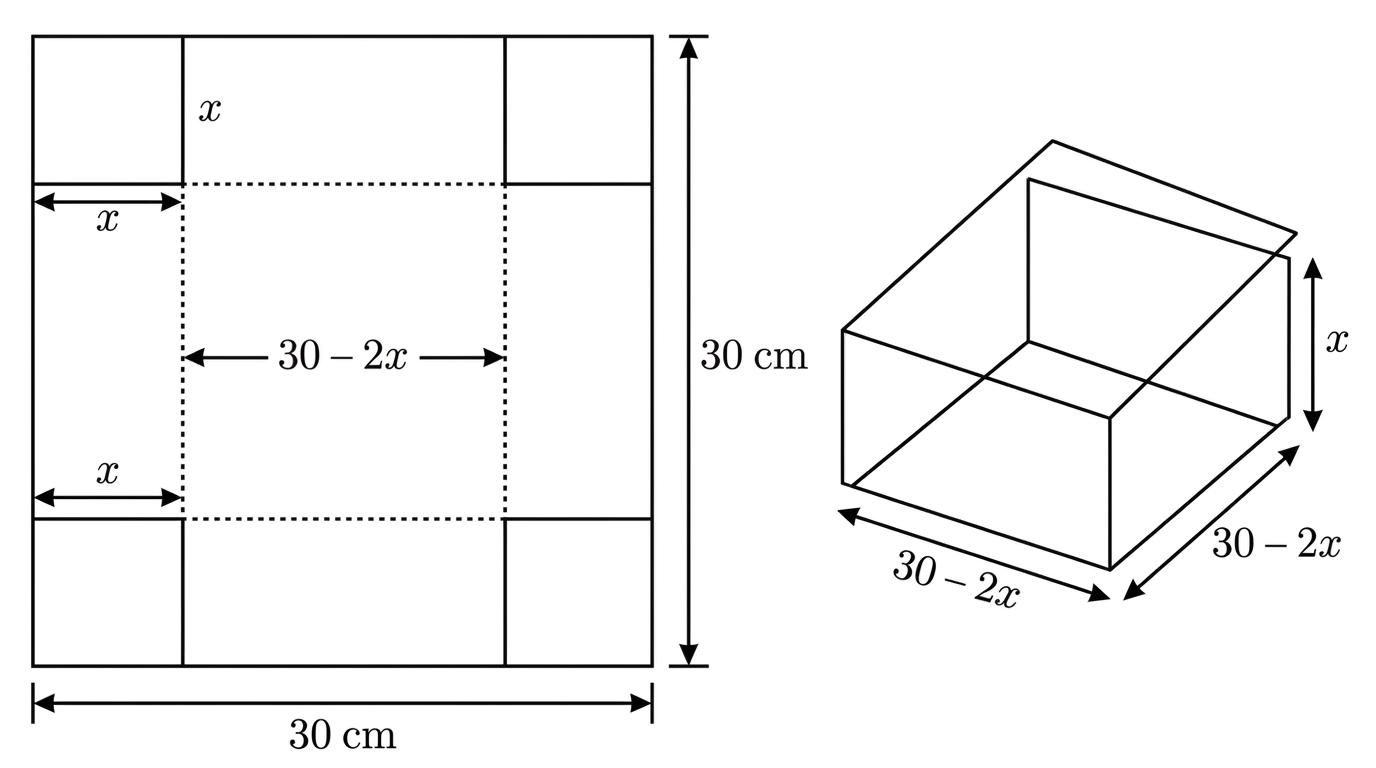 Net of a square sheet with four corner squares of side x removed, together with the resulting open box whose base dimensions are 30 minus 2x.