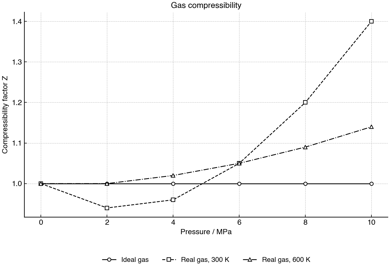 Compressibility factor for an ideal gas and a real gas at two temperatures as pressure increases.