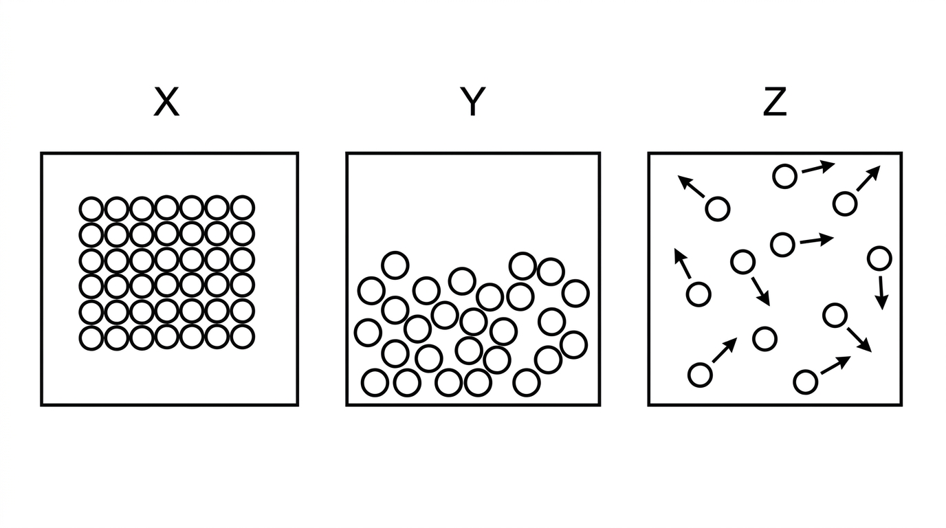 Three boxes labelled X, Y and Z containing particle diagrams: one close packed regular particles, one close disordered particles, and one widely spaced particles with motion arrows.