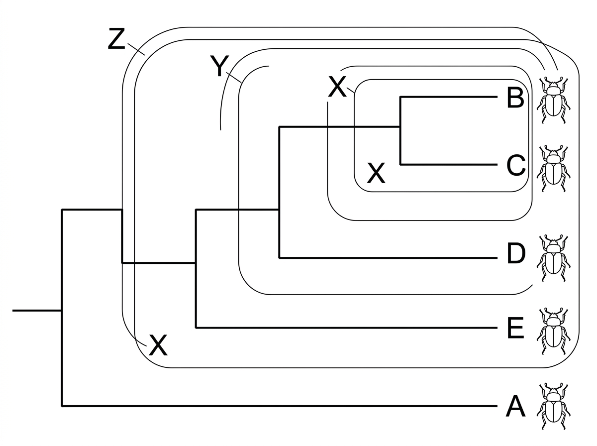 A simple rooted cladogram of five beetle taxa A–E with shaded nested clades labelled X, Y and Z; B and C share the smallest shaded clade, which lies inside a larger clade with D, and all are inside a still larger clade.